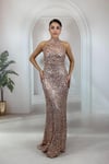Rose Gold Tamamı Payetli Halter Yaka Balık Model Abiye