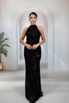 Siyah Tamamı Payetli Halter Yaka Balık Model Abiye
