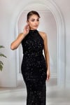 Siyah Tamamı Payetli Halter Yaka Balık Model Abiye