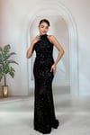 Siyah Tamamı Payetli Halter Yaka Balık Model Abiye