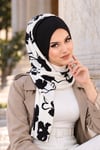 Beyaz Siyah Yaprak Desen Kelebek Model Büzgülü Bone Şal