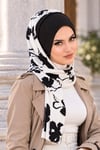 Beyaz Siyah Yaprak Desen Kelebek Model Büzgülü Bone Şal