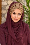 Bordo Simli Gold Detaylı Abiye Bandana Şal