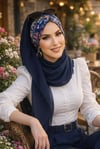 Lacivert Çiçek Desen Hazır Şal