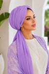 Lila Şifon Büzgülü Eşarp Bone