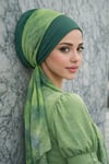 Yeşil Batik Desen Fularlı Bone