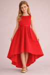 Abiye & Mezuniyet ElbisesiKız Çocuk Kırmızı Asimetrik Etek Detaylı Sade Şık Saten Balo Doğum Günü Balo Mezuniyet Elbise (NSM11KİDS)