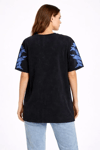 Asit Yıkamalı Oversize Tişört Mavi Kelebek Baskılı Dijital Print Bisiklet Yaka Streetwear T-Shirt - Siyah