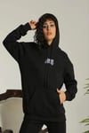 Baskılı Oversize Üç İplik Kapüşonlu Sweatshirt - Siyah