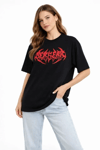 Baskılı T-Shirt Yazlık Kısa Kol Bisiklet Yaka Rahat Kalıp Tişört - Siyah