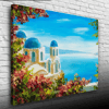 Çiçekli Terasta Mikanos ve Deniz Manzarası Yağlıboya Kanvas Tablo 50 x 70
