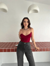 Derin Dekolte Askılı Body Sırt Dekolteli Şık Kolsuz Yazlık Bodysuit - Kırmızı