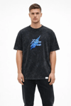 Erkek Asit Yıkamalı Oversize Tişört Future Worlds Baskılı Bisiklet Yaka Kısa Kollu Streetwear %100 Pamuk Street Style T-Shirt - Siyah