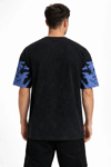 Erkek Asit Yıkamalı Oversize Tişört Mavi Kelebek Baskılı Dijital Print Bisiklet Yaka Streetwear T-Shirt - Siyah