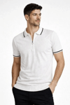 Erkek Fermuarlı Yaka Fitilli Triko Kısa Kollu Regular Fit Tişört T-shirt - Beyaz