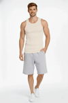 Erkek Fitilli Atlet Sıfır Yaka Slim Fit Arka Baskılı Spor Atlet - Krem