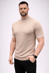 Erkek Fitilli Triko Dokuma Kısa Kol Tişört Yarım Boğaz Modern Yazlık T-Shirt - Bej