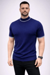 Erkek Fitilli Triko Dokuma Kısa Kol Tişört Yarım Boğaz Modern Yazlık T-Shirt - Lacivert
