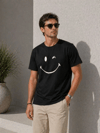 Erkek Minimal Gülümseyen Yüz Baskılı Tişört Kısa Kol Yazlık T-Shirt - Siyah