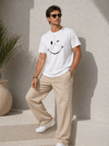 Erkek Minimal Gülümseyen Yüz Baskılı Tişört Kısa Kol Yazlık T-Shirt - Beyaz