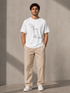 Erkek Minimal Kedi Çizim Baskılı Tişört Kısa Kol Yazlık T-Shirt - Beyaz