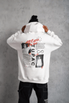 Erkek Ön Arka Baskılı Kapşonlu Sweat - Beyaz