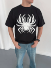 Erkek Örümcek Baskılı Tişört Kısa Kollu Bisiklet Yaka T-Shirt - Siyah