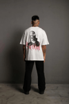 Erkek Oversize Tişört – Beyaz 24/1 Penye Kumaş, Bisiklet Yaka, Ön - Arka Baskılı, Streetwear Tarzı Rahat Büyük Kalıp T-Shirt- Beyaz