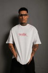 Erkek Oversize Tişört – Beyaz 24/1 Penye Kumaş, Bisiklet Yaka, Ön - Arka Baskılı, Streetwear Tarzı Rahat Büyük Kalıp T-Shirt- Beyaz