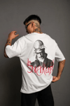 Erkek Oversize Tişört – Beyaz 24/1 Penye Kumaş, Bisiklet Yaka, Ön - Arka Baskılı, Streetwear Tarzı Rahat Büyük Kalıp T-Shirt- Beyaz