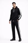 Erkek Şeritli Eşofman Takım Kapüşonlu Sweatshirt Boru Paça Alt, Oversize 3 Iplik Pamuklu - Siyah