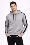 Erkek Şeritli Kapüşonlu Sweatshirt Oversize 3 Iplik Pamuklu - Gri