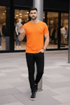 Erkek T-Shirt Bisiklet Yaka Slim Fit Dar Kesim Likralı Tişört Günlük Basic Body - Turuncu