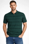 Erkek T-shirt Çizgili Triko Dokuma Kumaş Polo Yaka Yarım Fermuarlı Regular Kalıp Tişört - Çağla Yeşili