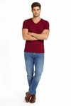 Erkek T-Shirt V Yaka Slim Fit Dar Kesim Likralı Tişört Günlük Basic Body - Bordo