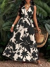 Kadın Askılı Kruvaze Yakalı çiçek Desenli Uzun Süprem Elbise