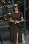 Kadın Kısa Kollu Balıkçı Yaka Derin Yırtmaç Detay Viskon Elbise