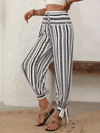 Kadın Yüksek Bel Desenli Paçadan Bağlamalı Yanları Yırtmaçlı Süprem Pantolon