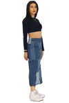 Mavi Patchwork Desenli Denim Kot Etek