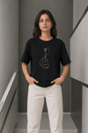 Minimal Gitar Baskılı Tişört T-Shirt Yazlık Kısa Kol Bisiklet Yaka T-Shirt - Siyah