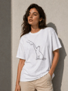 Minimal Kedi Çizim Baskılı Tişört Kısa Kol Yazlık T-Shirt - Beyaz