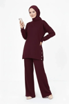 Osy Modal Yumuşak Dokulu Kumaş Modern Tesettür Takım Yandan Metal Çıtçıtlı Uzun Tunik Pantolon Set Salaş Kalıp - Bordo