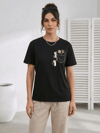Sevimli Kedi Cep Baskılı Tişört Kısa Kol Yazlık T-Shirt - Siyah