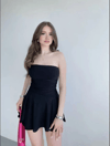 Straplez Mini Etek Görünümlü Şortlu Elbise Büzgülü Şık Yazlık - Siyah