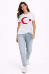 T-Shirt Kısa Kol Bisiklet Yaka Ay Yıldız Bayrak Baskılı Tişört - Beyaz