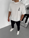 Unisex Bisiklet Yaka Baskılı Oversize T-Shirt - Beyaz