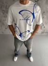 Unisex Bisiklet Yaka Baskılı Oversize T-Shirt - Beyaz