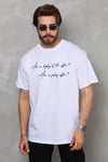 Unisex Bisiklet Yaka Baskılı Oversize T-Shirt - Beyaz