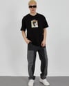 Unisex Bisiklet Yaka Baskılı Oversize T-Shirt - Siyah