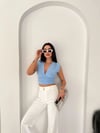 Vatkalı Kolsuz V Yaka Drapeli Crop Bluz Likralı Fit - Bebek Mavisi